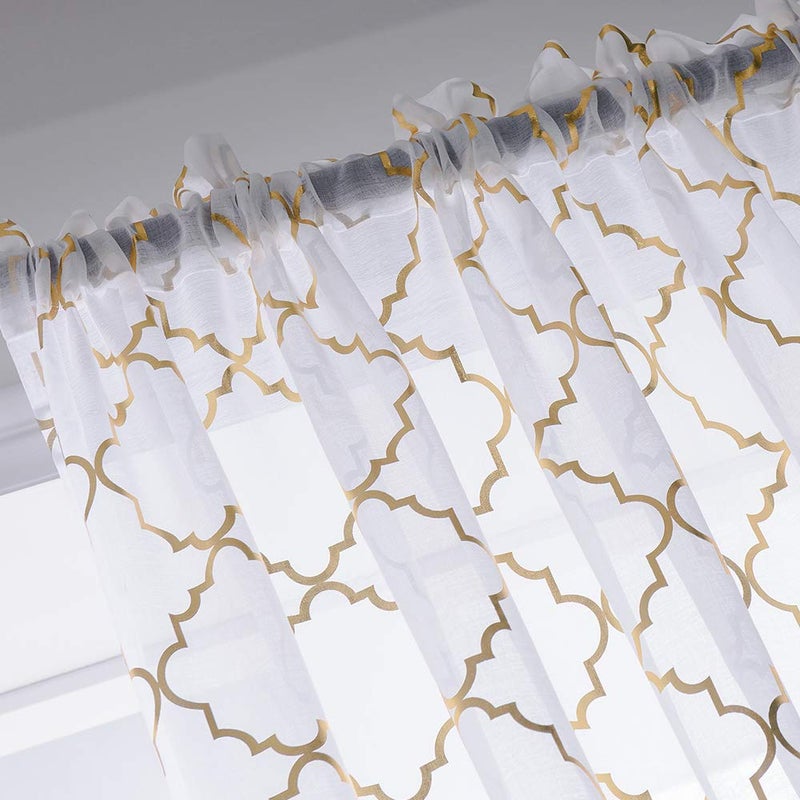 YJ YANJUN White Sheer Curtains 84 inches Long Trellis Gold Foil Curtains for Living Room Bedroom Set of 2 Panles, 52 x 84 inch - Image 3